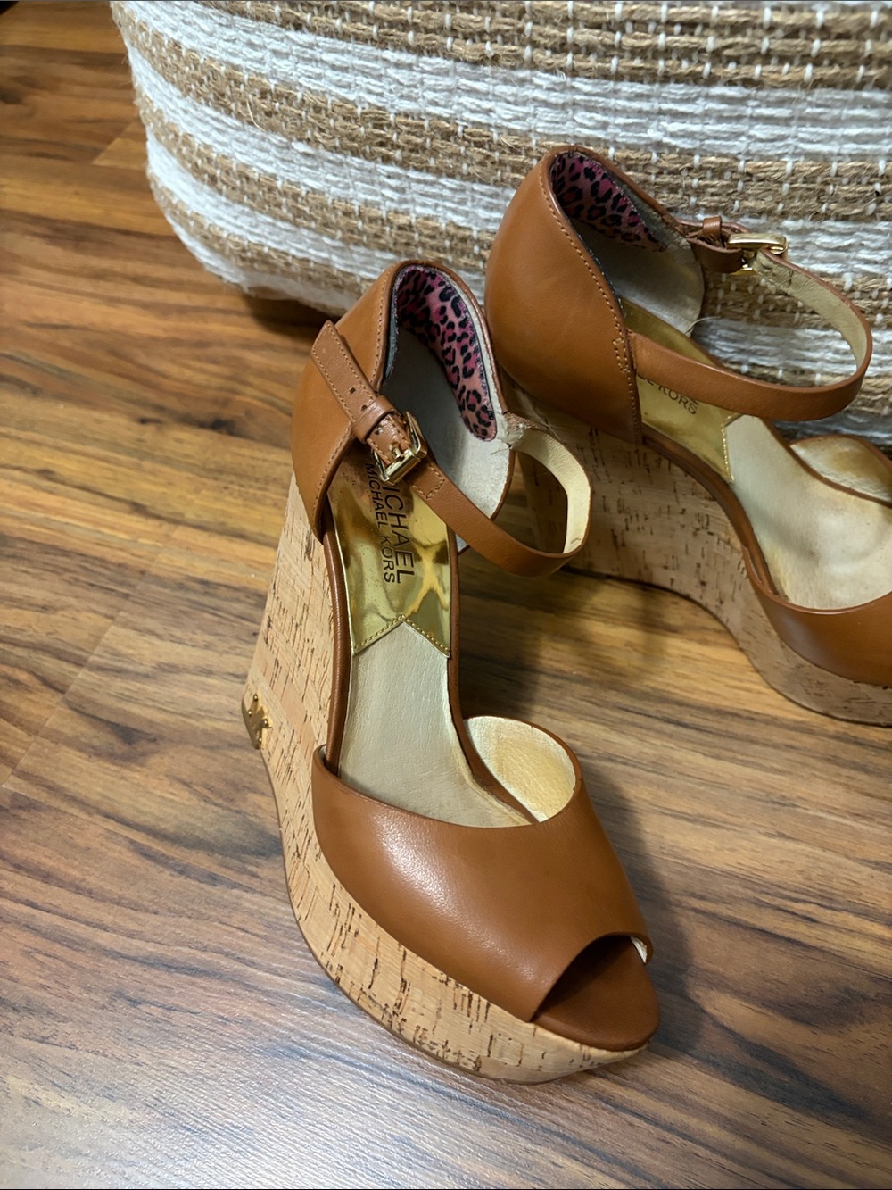 Michael Kors Cognac Leather Cork Wedge Sandals with Ankle Strap